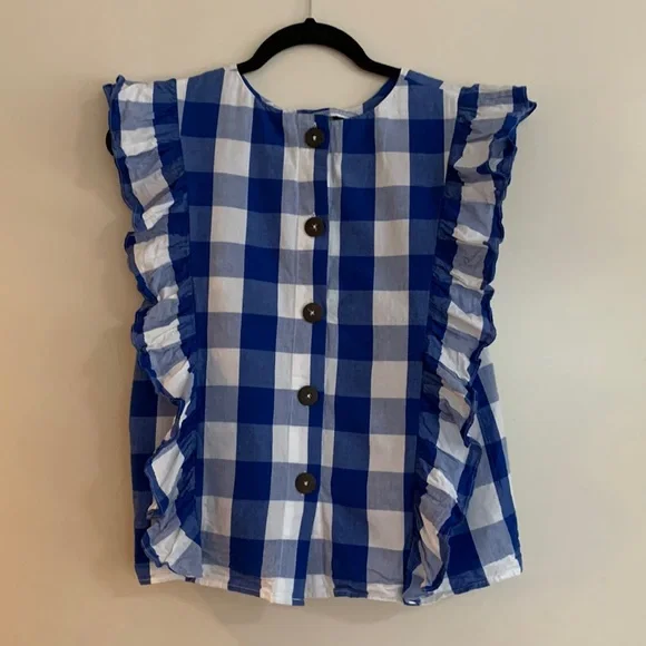 Anthropologie Blue Gingham Ruffle Sleeve Blouse Cottagecore Top Size Small - Picture 2 of 6